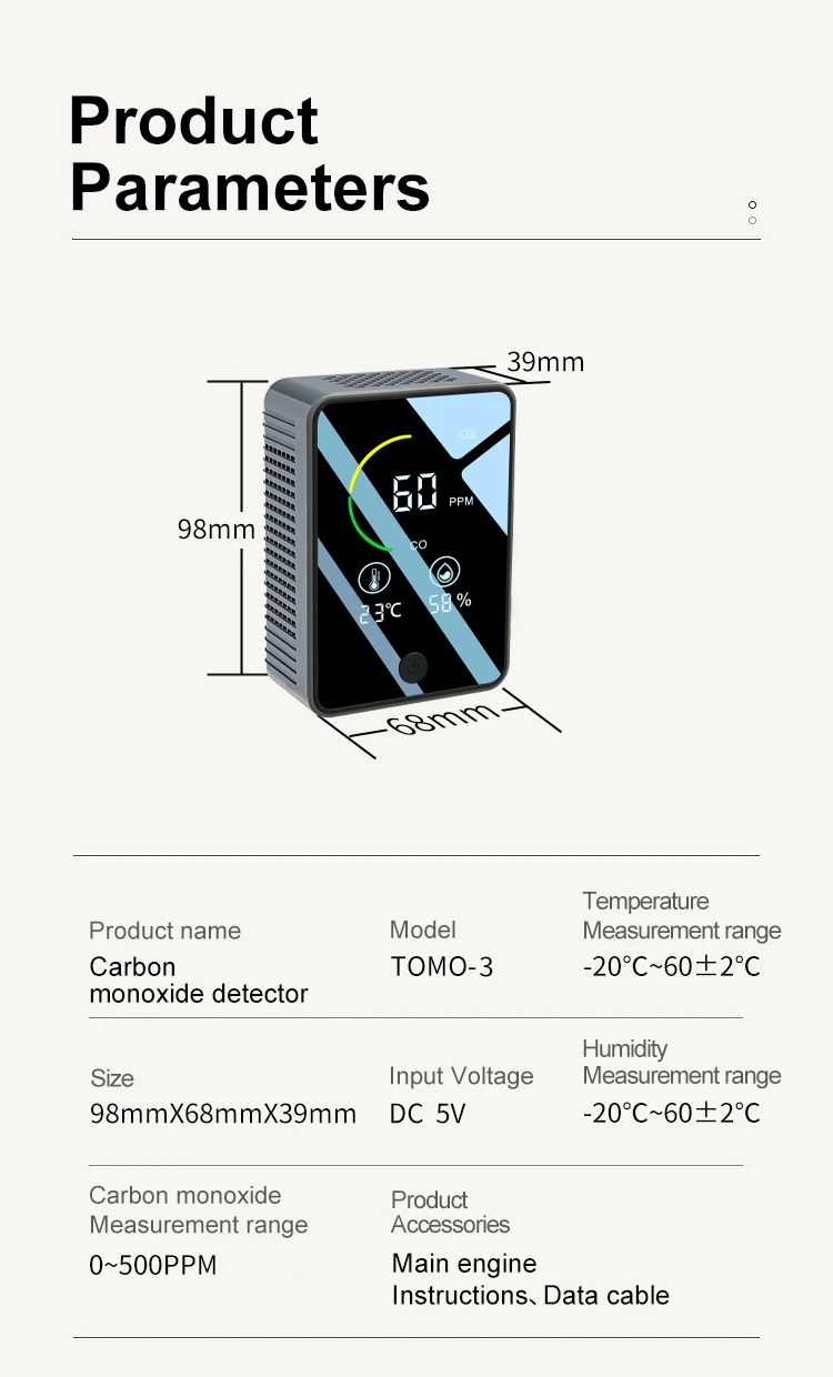 PTH-10E Mini Detector de monóxido de carbono CO CO2 Monitor portátil de calidad del aire pantalla LED HD carga USB para interiores y viajes