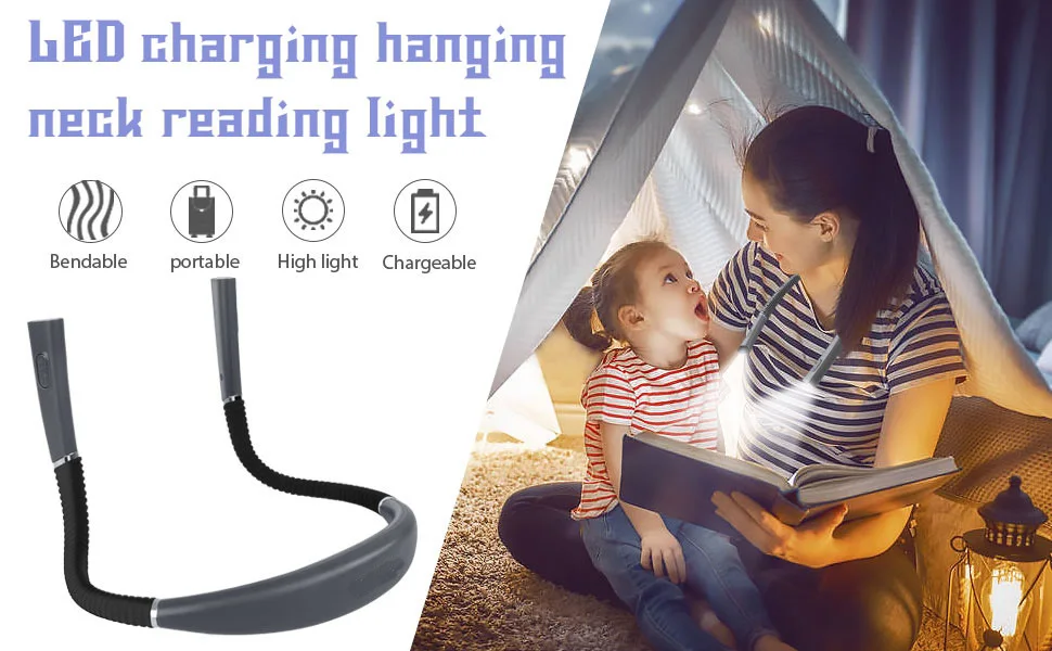 Luz de lectura de cuello Flexible, lámpara de lectura de manos libres, portátil, recargable por USB, iluminación de libros, novedad