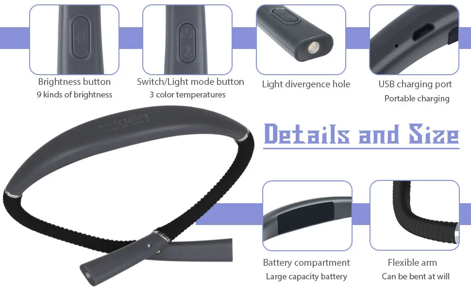 Luz de lectura de cuello Flexible, lámpara de lectura de manos libres, portátil, recargable por USB, iluminación de libros, novedad